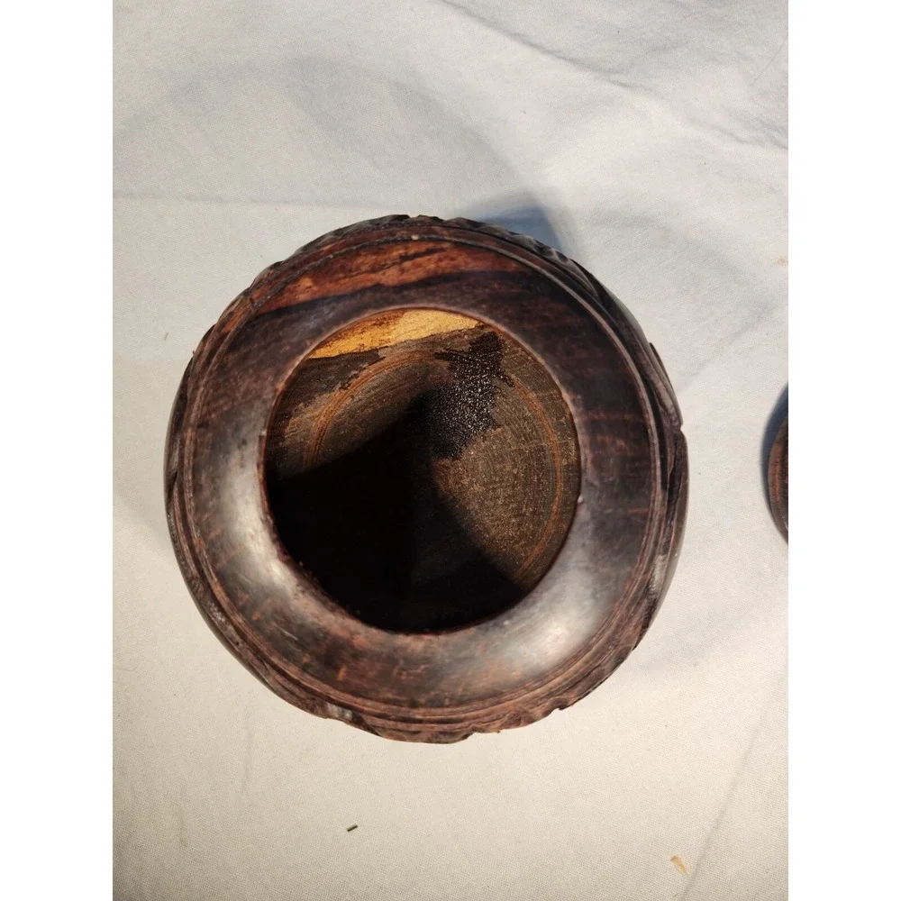 Vintage African Wooden Spice Jar Round Handmade Elephants Approx. 3